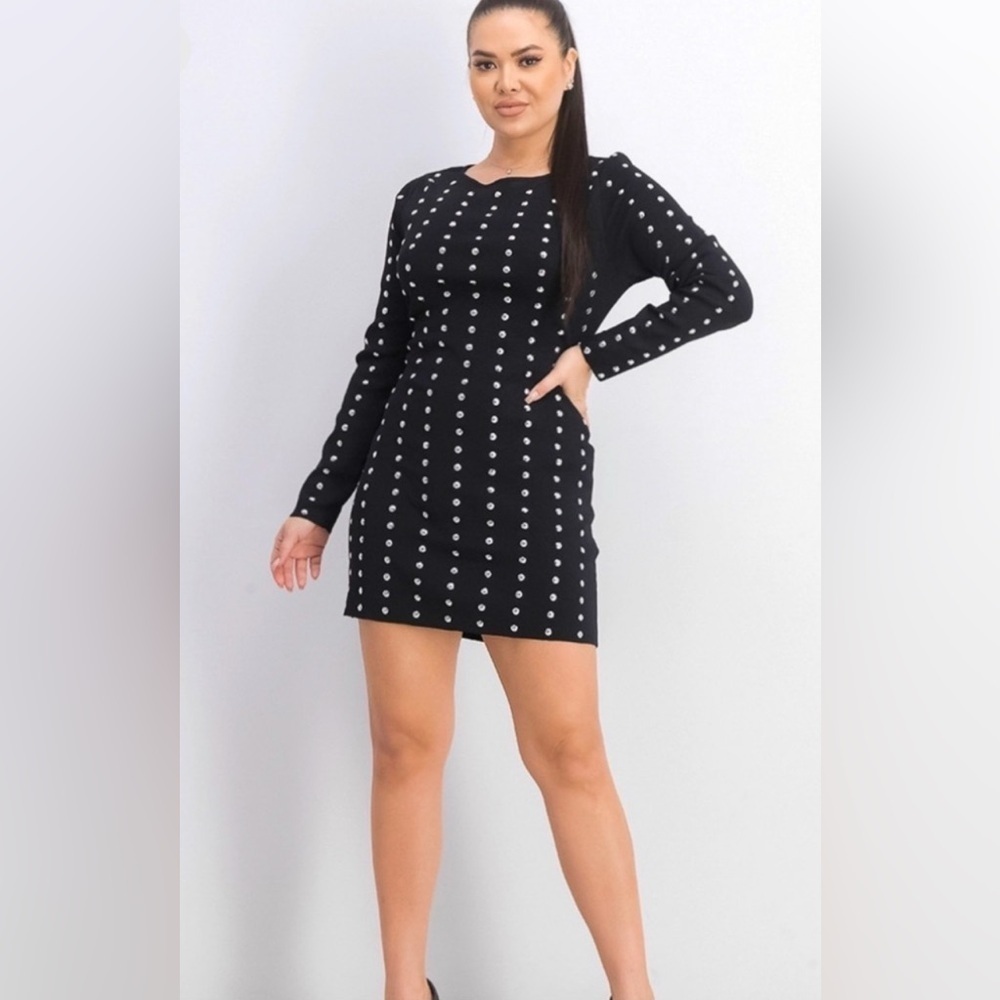 INC International Concepts Black Studded Mini Fitted Dress Long Sleeve Size L